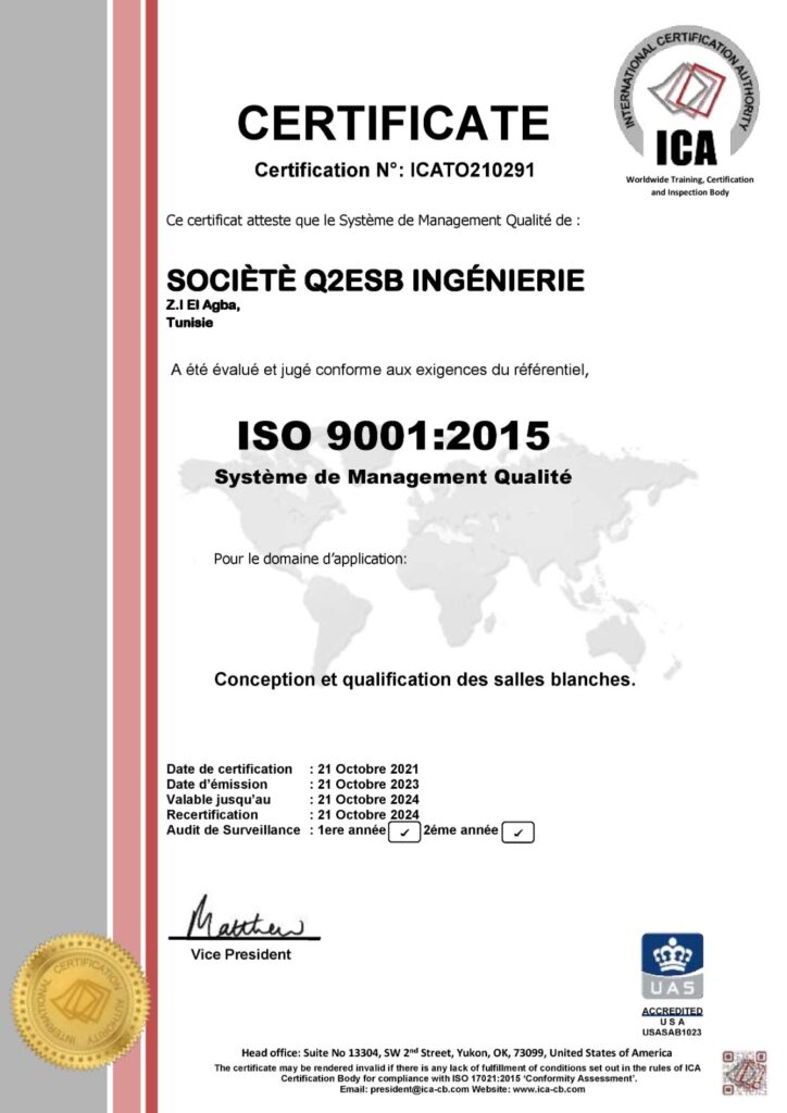 Q2ESB Ingénierie ISO 9001:2015 Certificate issued by the International Certification Authority