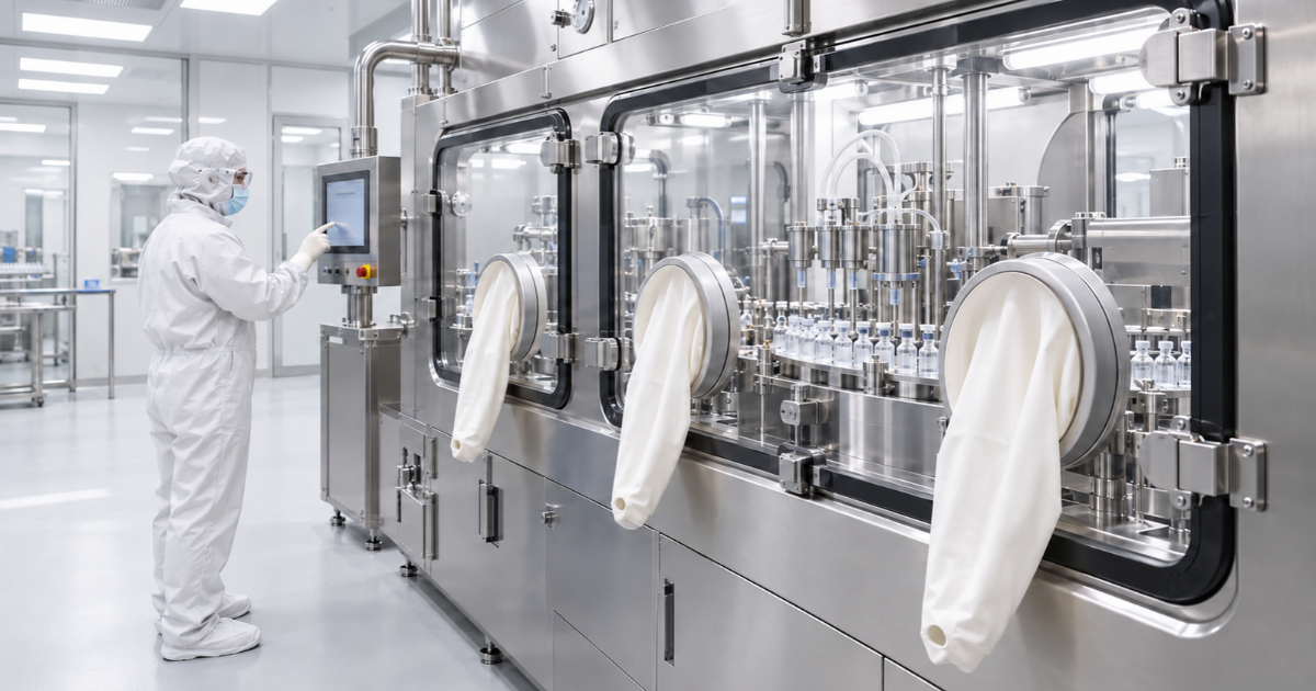 ligne de remplissage pharmaceutique sous isolateur dans une salle propre